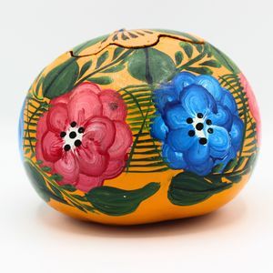Vintage Mexican Folk Art Hand Painted Gourd Trinket Vessel 4.5" Floral Design